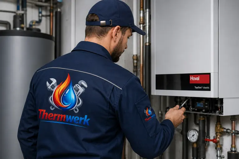 Techniker bei Hoval Kundendienst und Reparatur einer Gastherme in Wien
