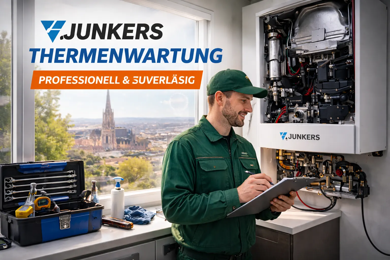 Techniker bei Junkers Kundendienst und Wartung einer Therme in Wien