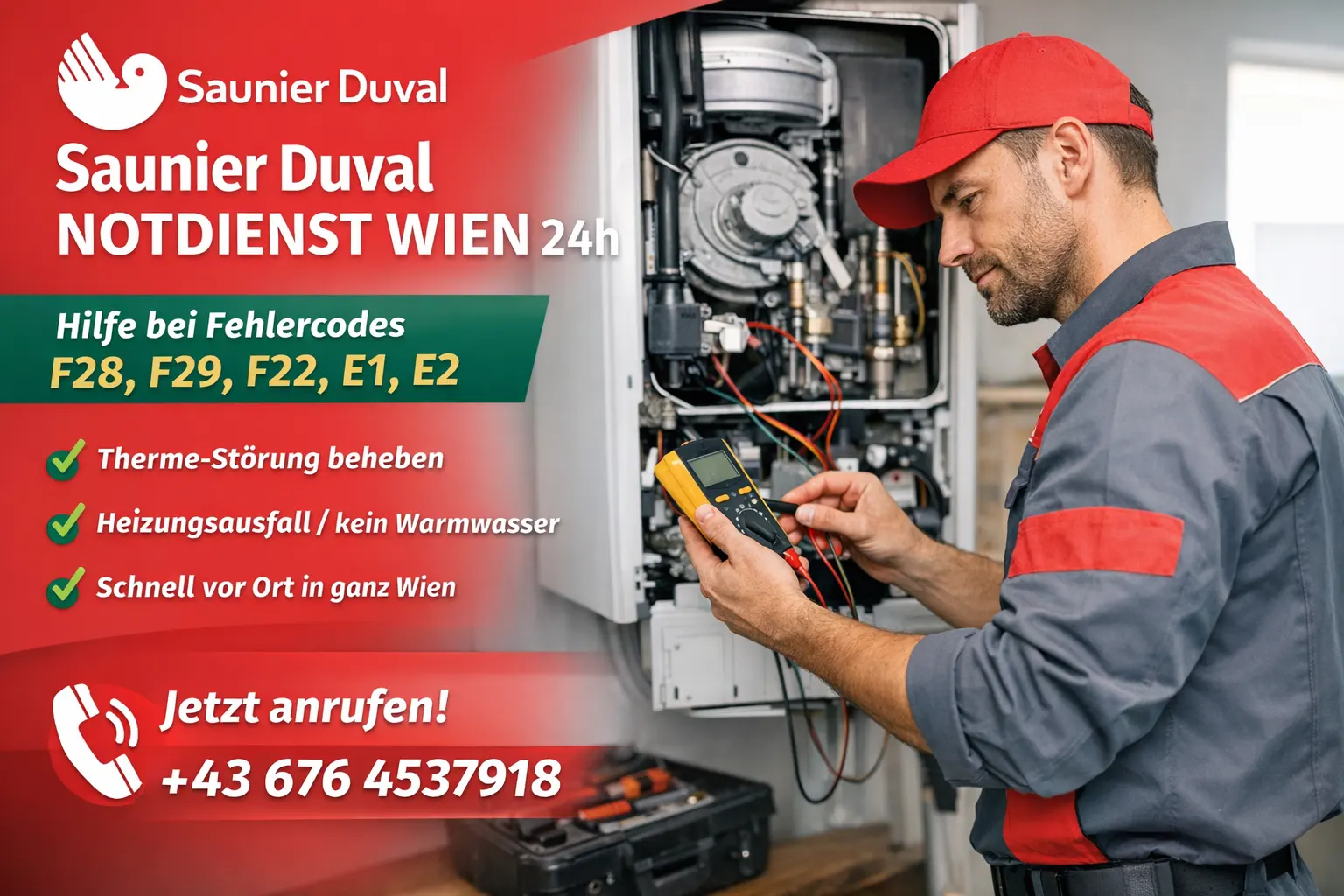 Techniker bei Saunier Duval Notdienst – Diagnose und Reparatur einer Gastherme