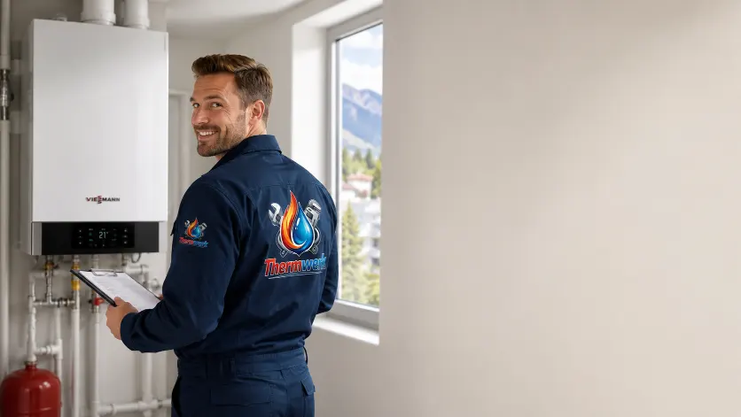 Techniker bei Viessmann Kundendienst und Reparatur einer Gastherme in Wien