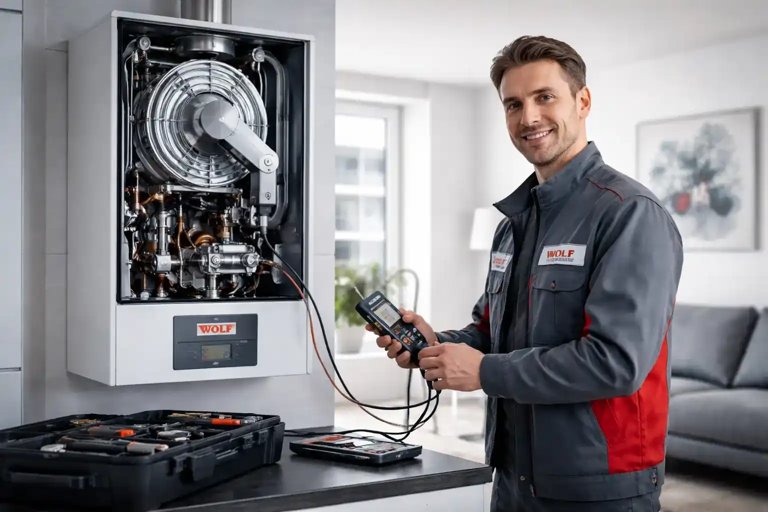 Techniker bei WOLF Kundendienst und Reparatur einer Gastherme in Wien